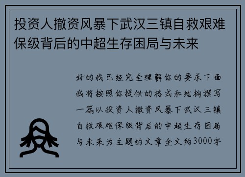 投资人撤资风暴下武汉三镇自救艰难保级背后的中超生存困局与未来